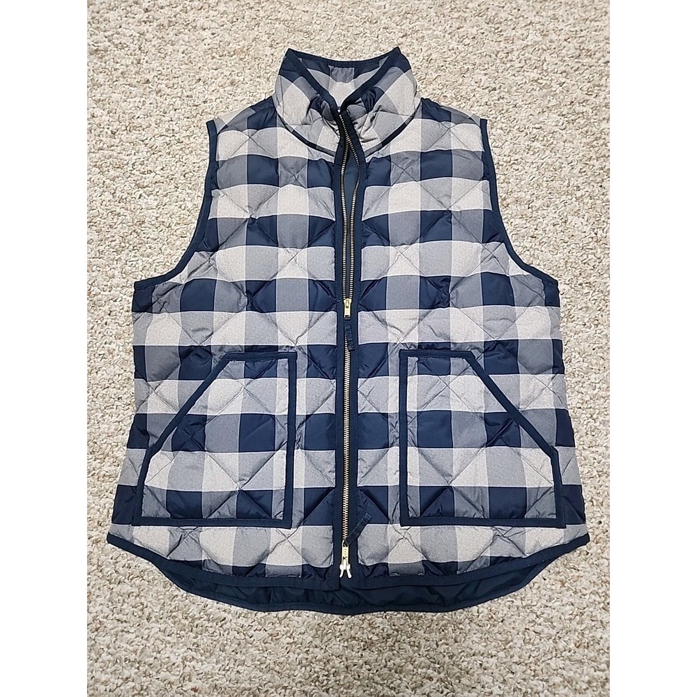 J. CREW Quilted Vest Size Large Navy Tan Buffalo Check Plaid Down Jacket Women